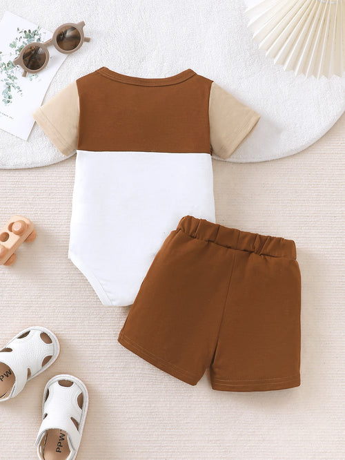 0-18 Month Baby boy Set, Round neck Color Blocked Bodysuit +Shorts 2-piece set, Newborn Baby boy Sports style casual Set